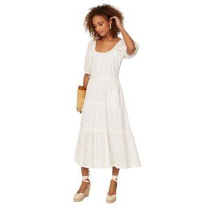 Fifteen Twenty Tiered Puff Sleeve Dress in White XLarge Womens Eyelet Cotton Mid